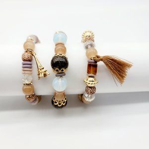 Coffee Brown Charm Beaded Bracelet 3pcs